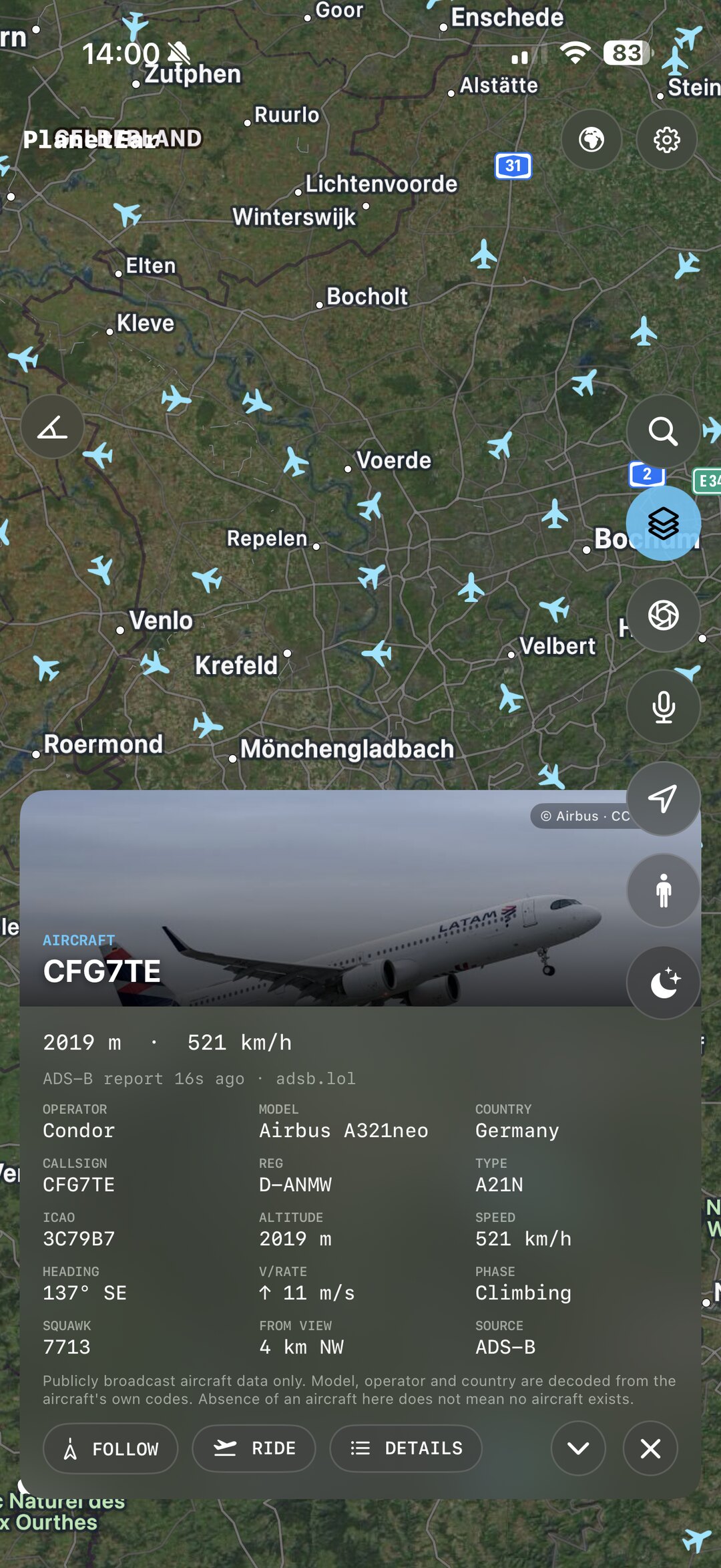 PlanetEar tracking live aircraft overhead