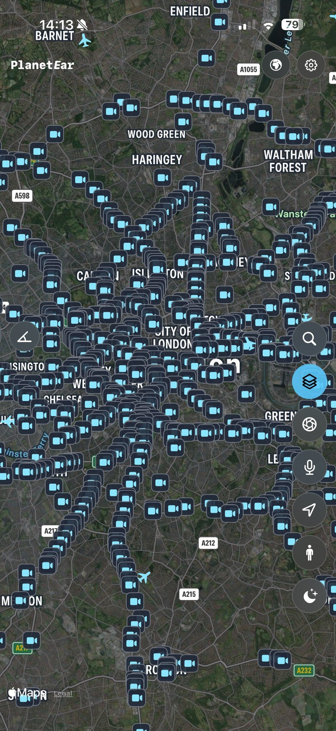 PlanetEar showing thousands of traffic cameras across a city