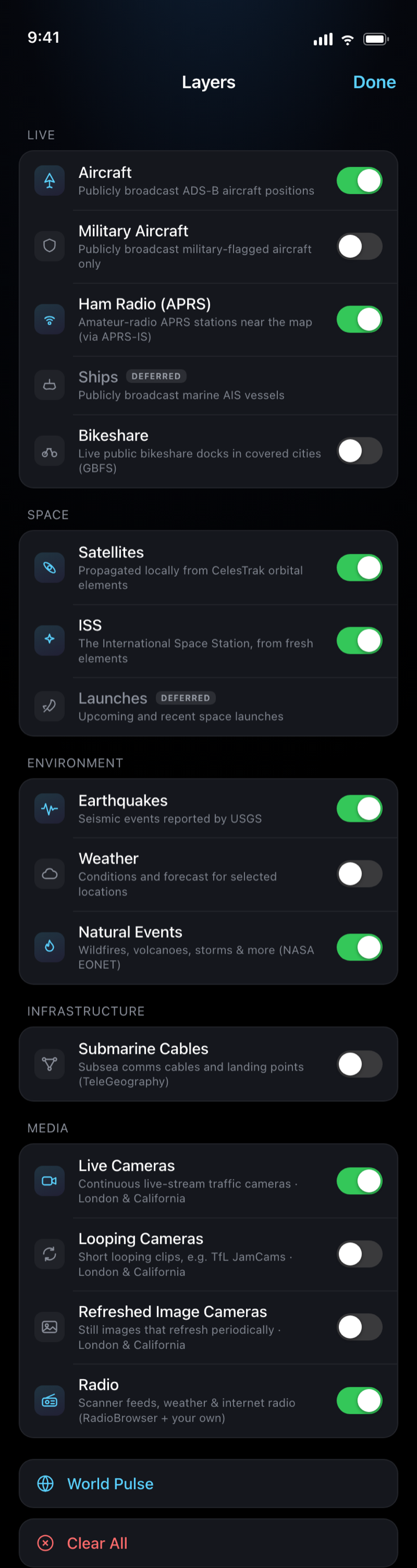 PlanetEar layers panel showing all sixteen layers grouped into Live, Space, Environment, Infrastructure and Media